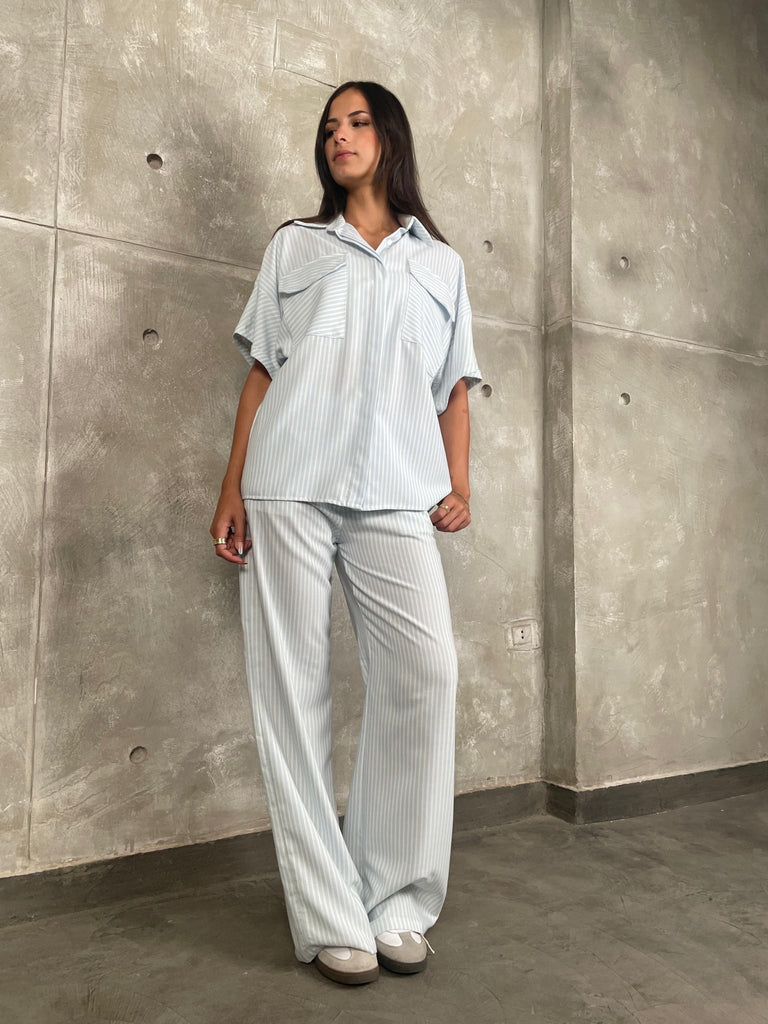 Light Blue High Waisted Striped Pants - Mii