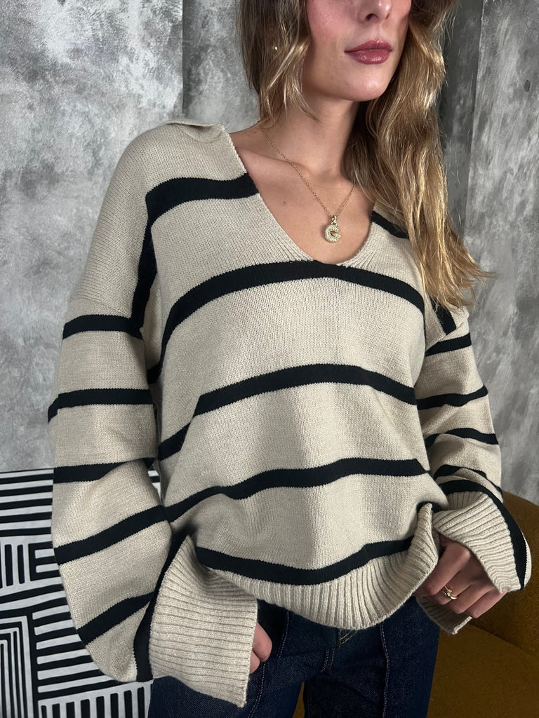 Light BrownxBlack Striped Pullover - Mii