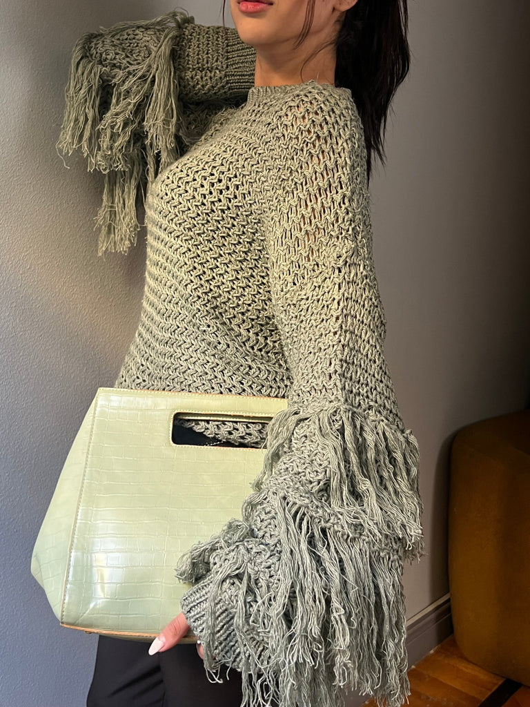 Light Olive Knit Fringe Pullover - Mii