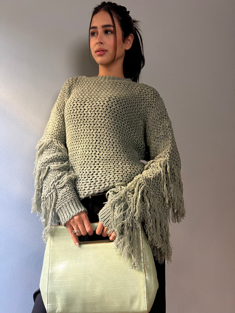 Light Olive Knit Fringe Pullover - Mii