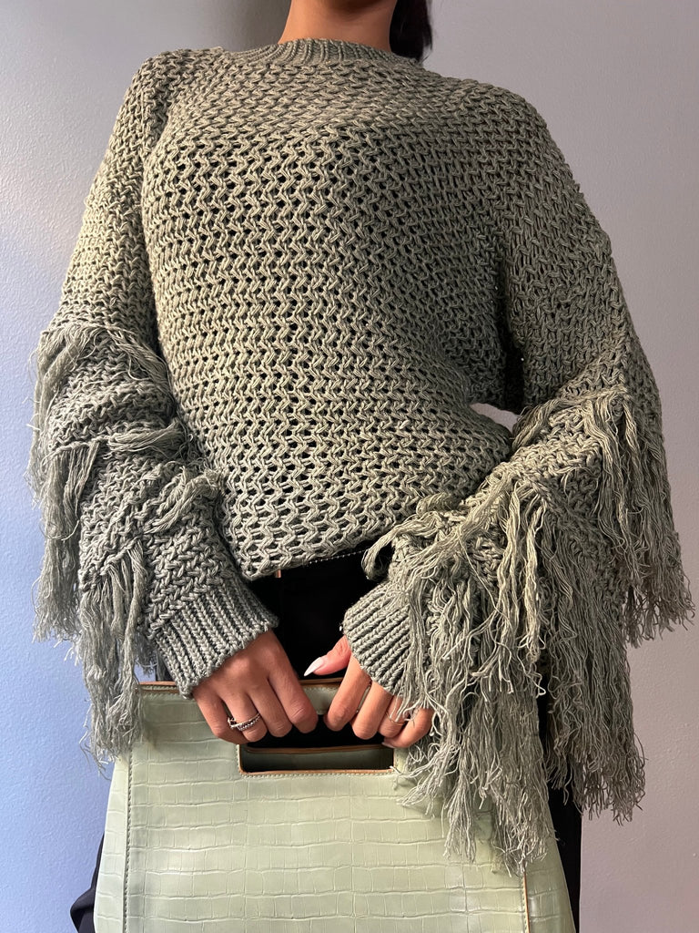 Light Olive Knit Fringe Pullover - Mii