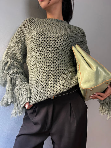 Light Olive Knit Fringe Pullover - Mii