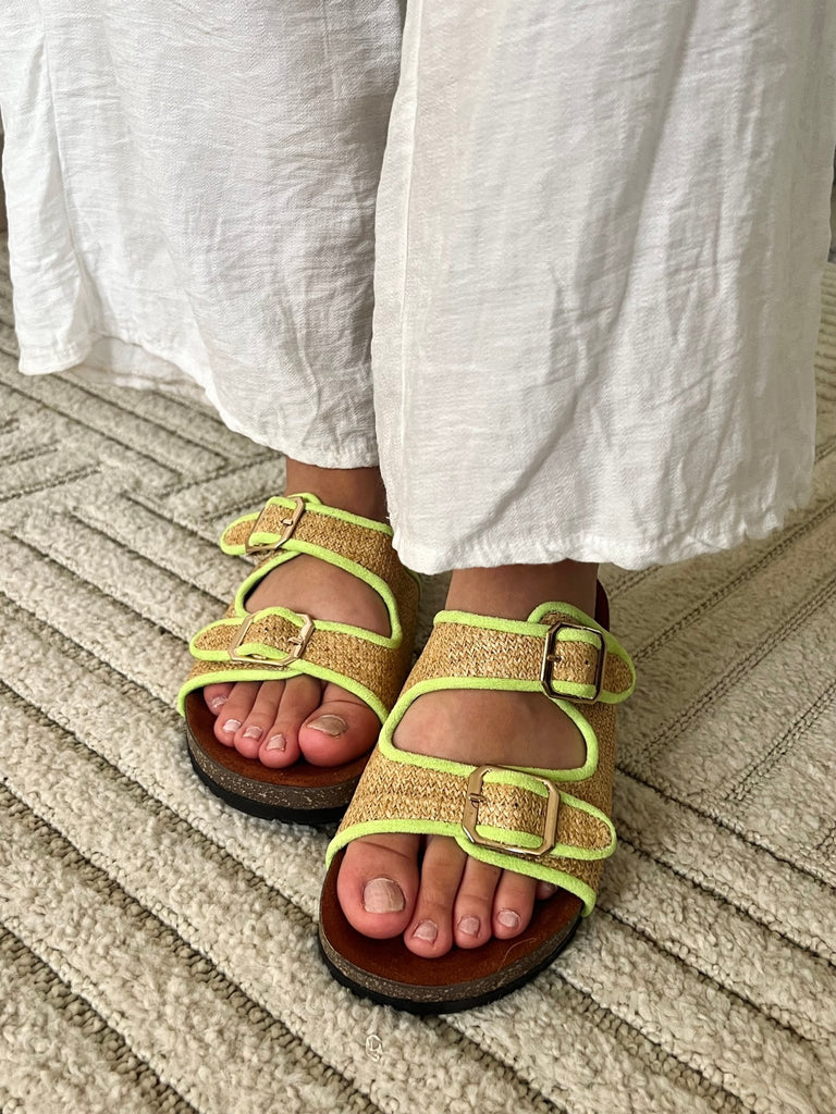 Neon Green Double Buckle Slides - Mii