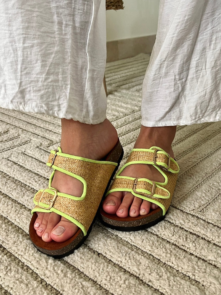 Neon Green Double Buckle Slides - Mii
