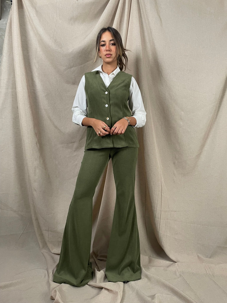 Olive Flared Corduroy Pants - Mii