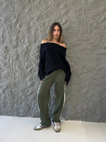 Olive Lace Stripes Sweatpants - Mii