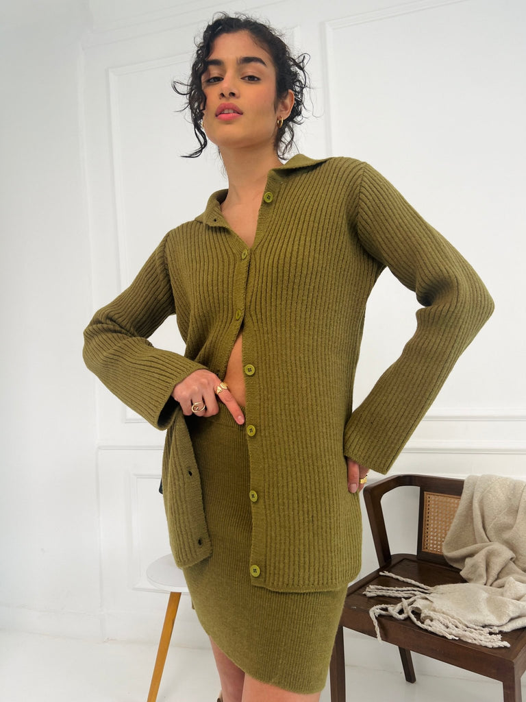 Olive Mini Skirt Cardigan Set - Mii