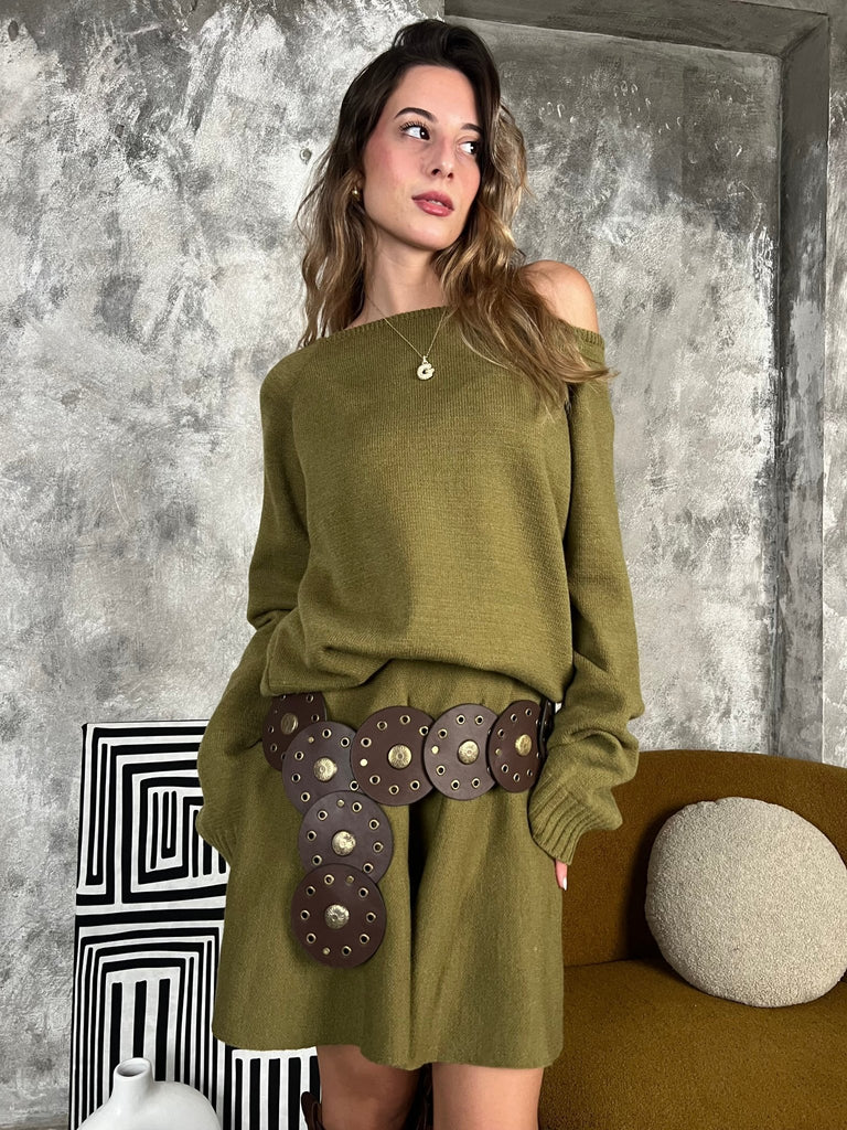 Olive Off Shoulder Knit Skirt Set - Mii