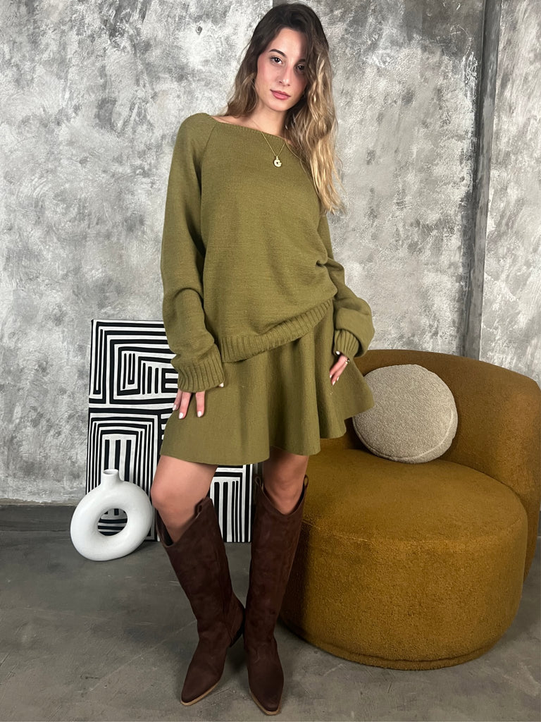 Olive Off Shoulder Knit Skirt Set - Mii