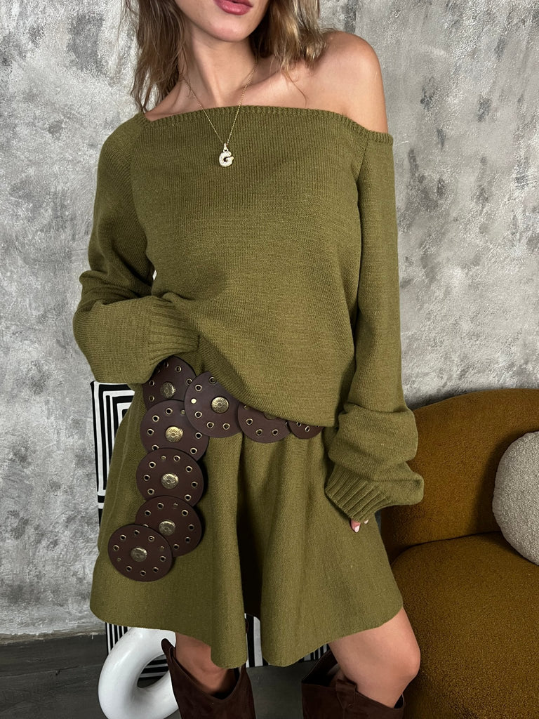 Olive Off Shoulder Knit Skirt Set - Mii