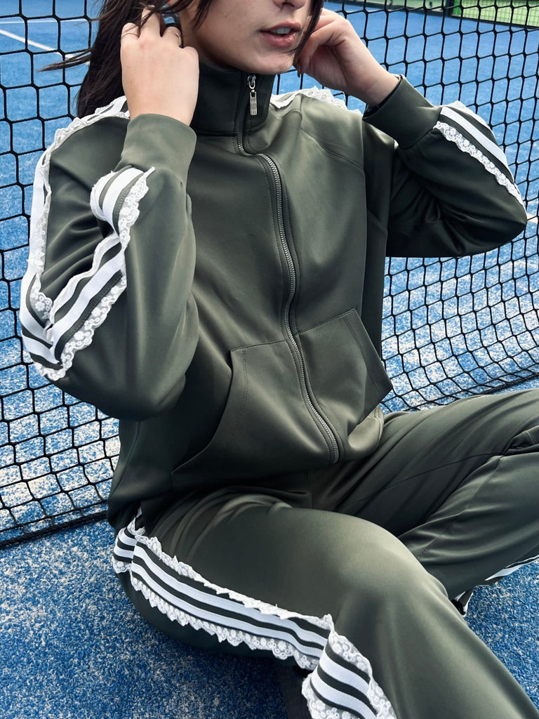 Olive Striped Lace Drawstring Zipper Sweatshirt - Mii