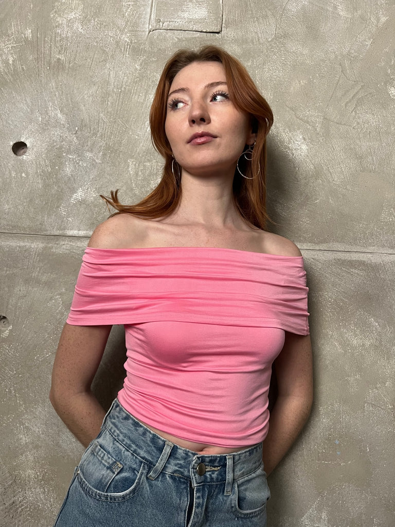 Pink Off-Shoulder Slim Fit Top - Mii