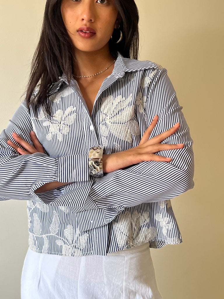 Pinstripe Flowery Blue Shirt - Mii