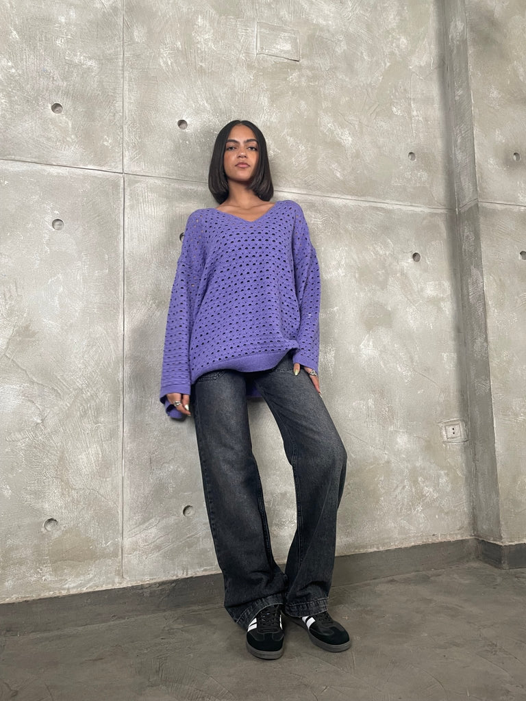 Purple Hollow Soft Knit Pullover - Mii