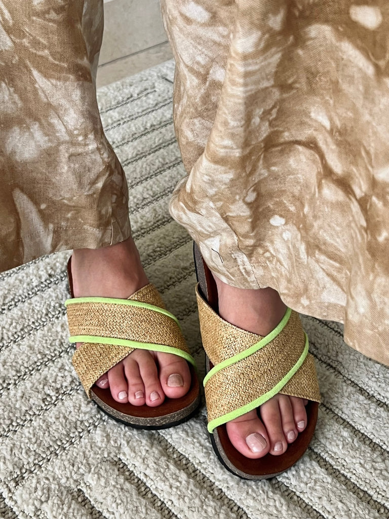 Raffia X Neon Green Criss - Cross Slides - Mii