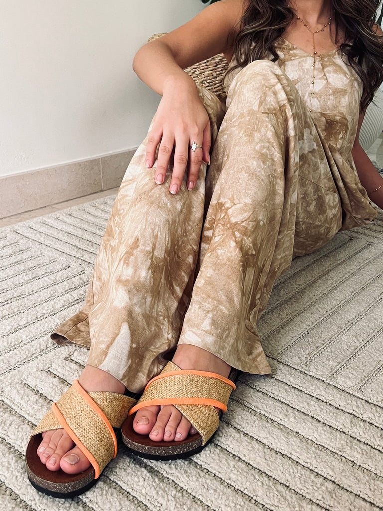 Raffia X Neon Orange Criss - Cross Slides - Mii