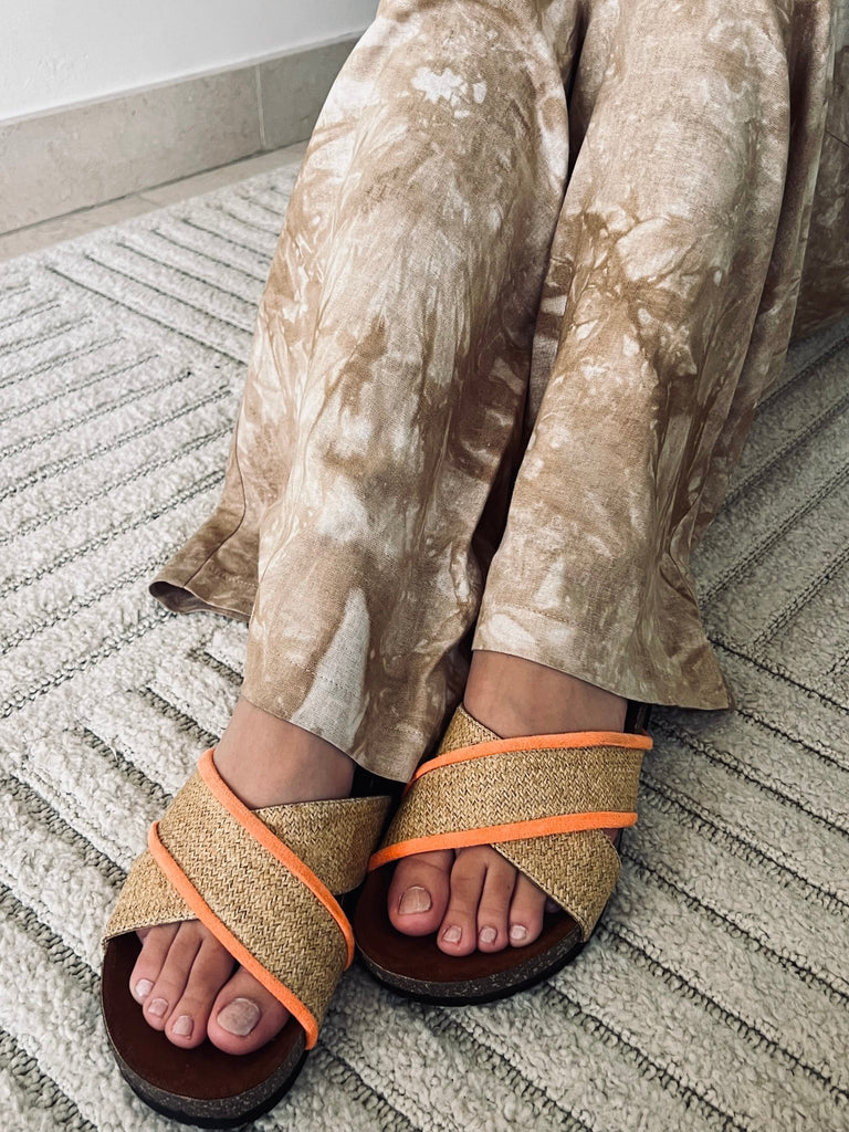 Raffia X Neon Orange Criss - Cross Slides - Mii