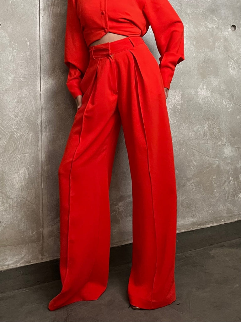 Red High Waisted Plicated Detail Wide Leg Suit Pants - Mii