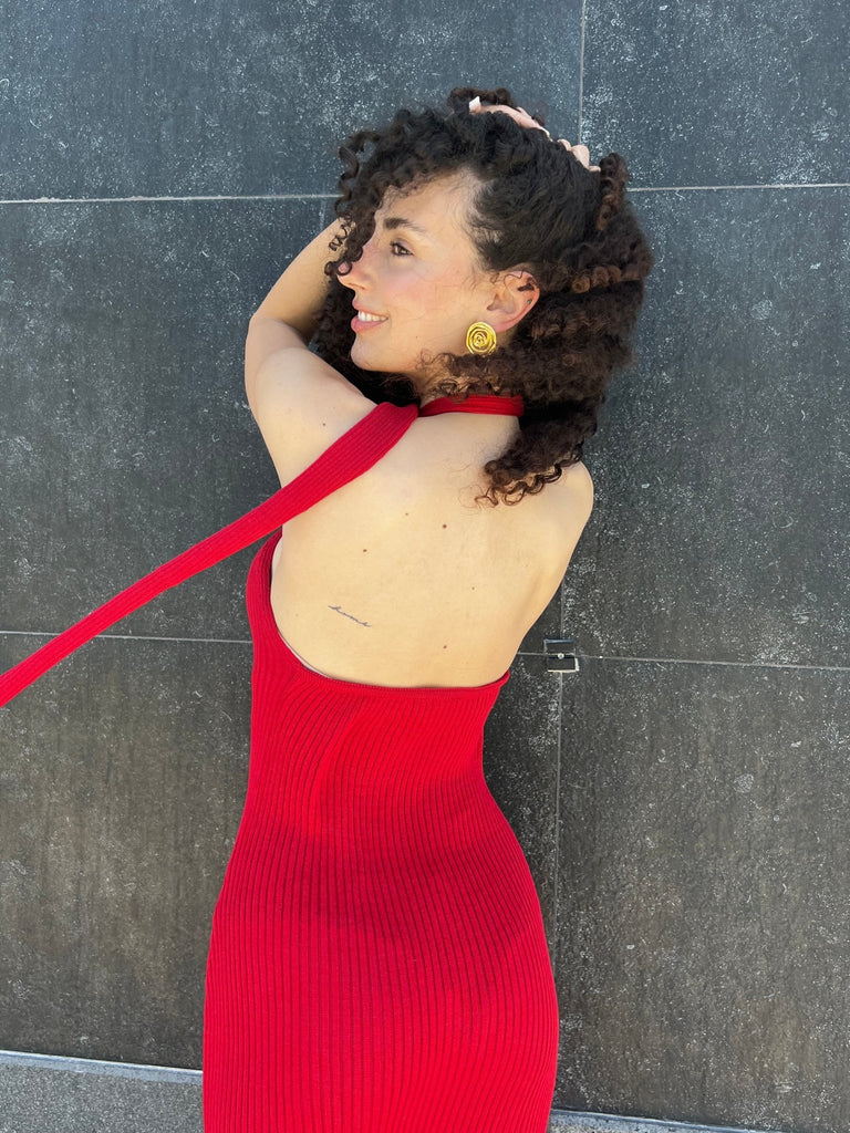 Red Long Backless Scarf Dress - Mii