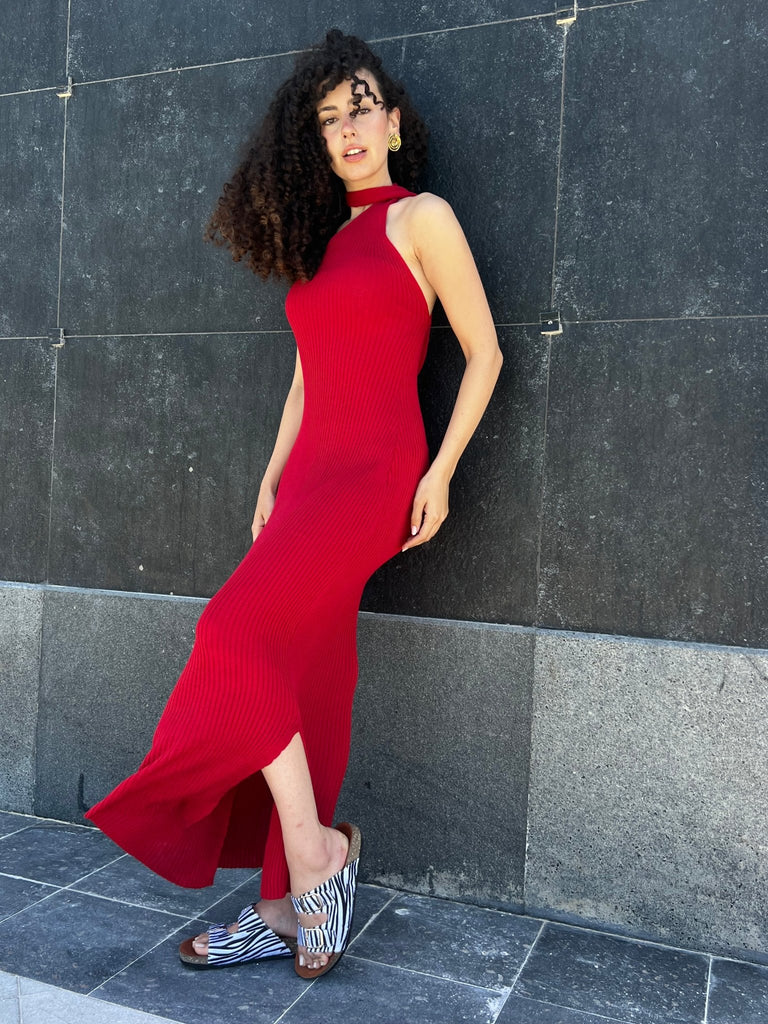 Red Long Backless Scarf Dress - Mii