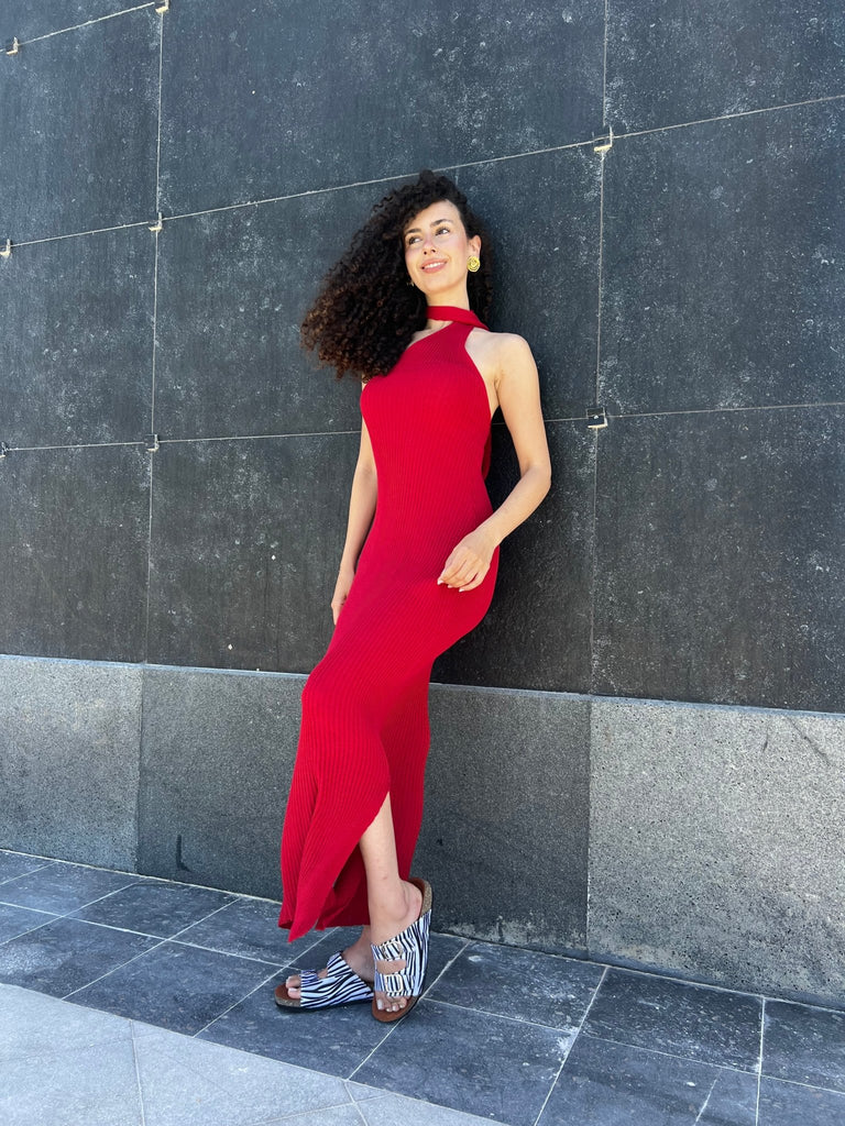 Red Long Backless Scarf Dress - Mii