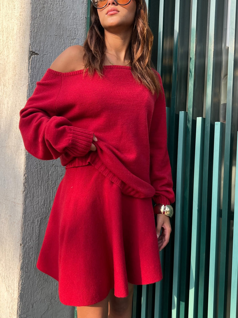 Red Off Shoulder Knit Skirt Set - Mii