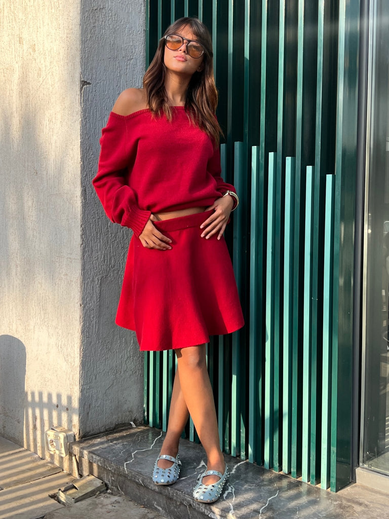 Red Off Shoulder Knit Skirt Set - Mii