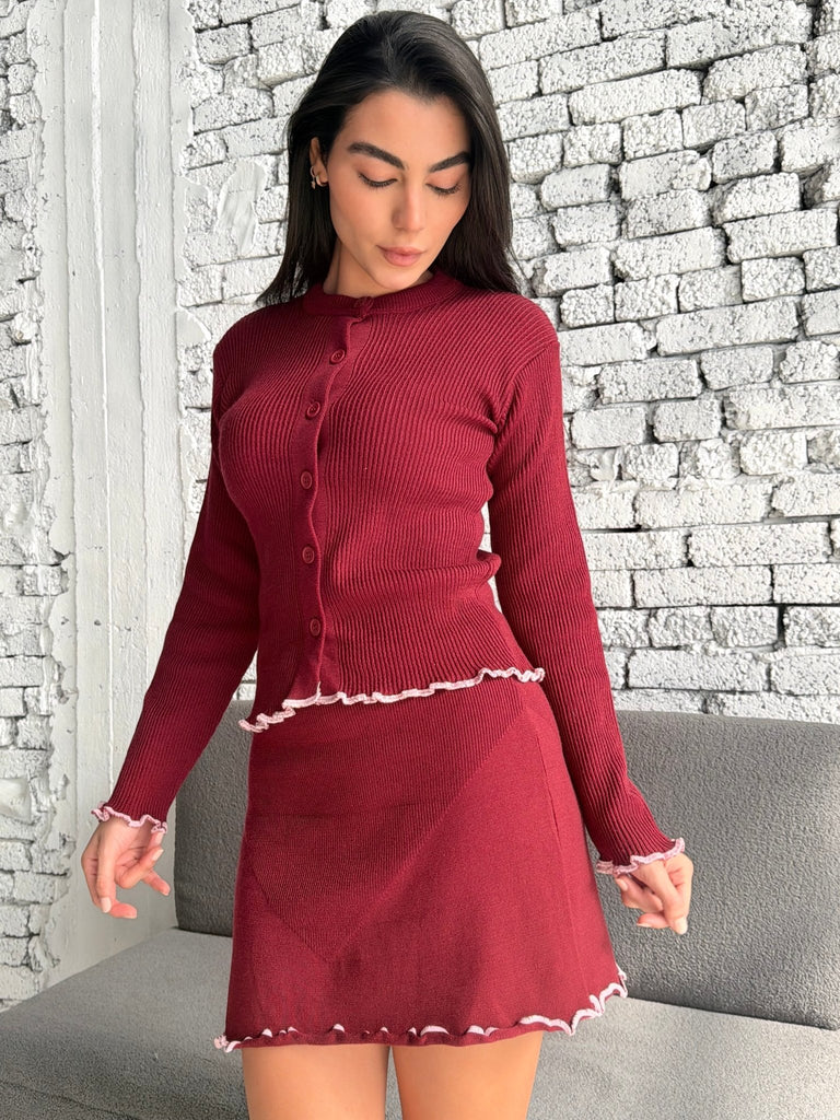 Red X Pink Gathered Knit Skirt Set - Mii