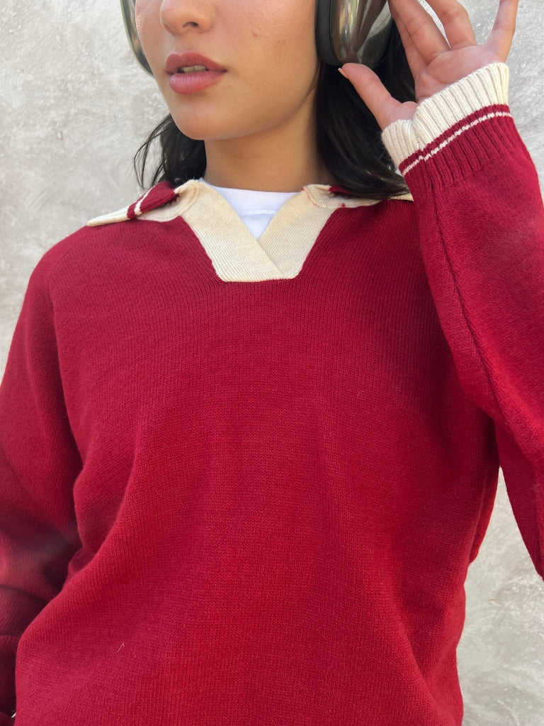Red X White Polo Knit Pullover - Mii