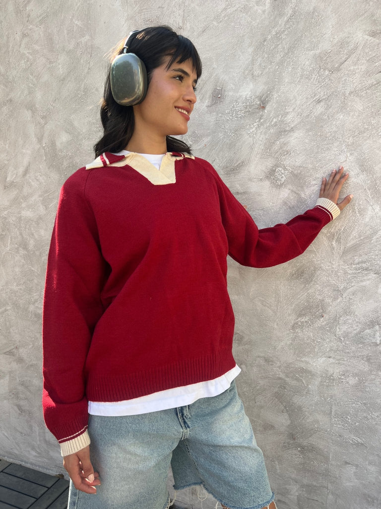 Red X White Polo Knit Pullover - Mii