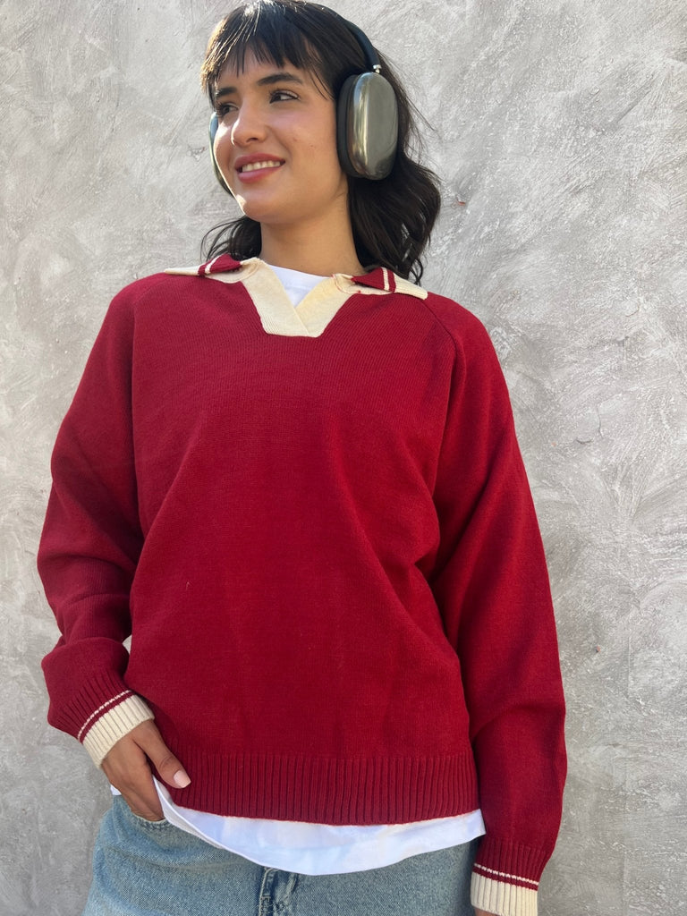 Red X White Polo Knit Pullover - Mii