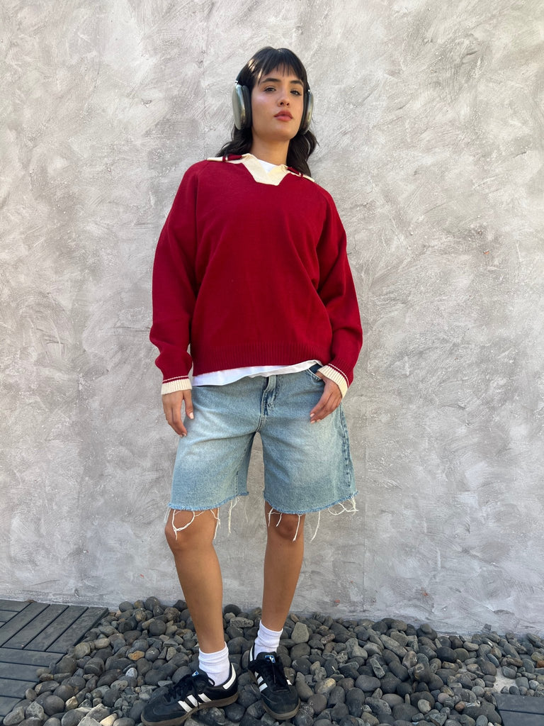 Red X White Polo Knit Pullover - Mii