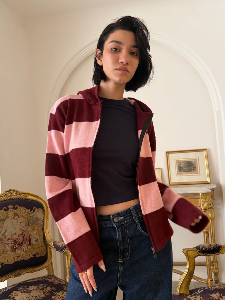 RoseXBurgundy Striped Hoddie Sweater - Mii