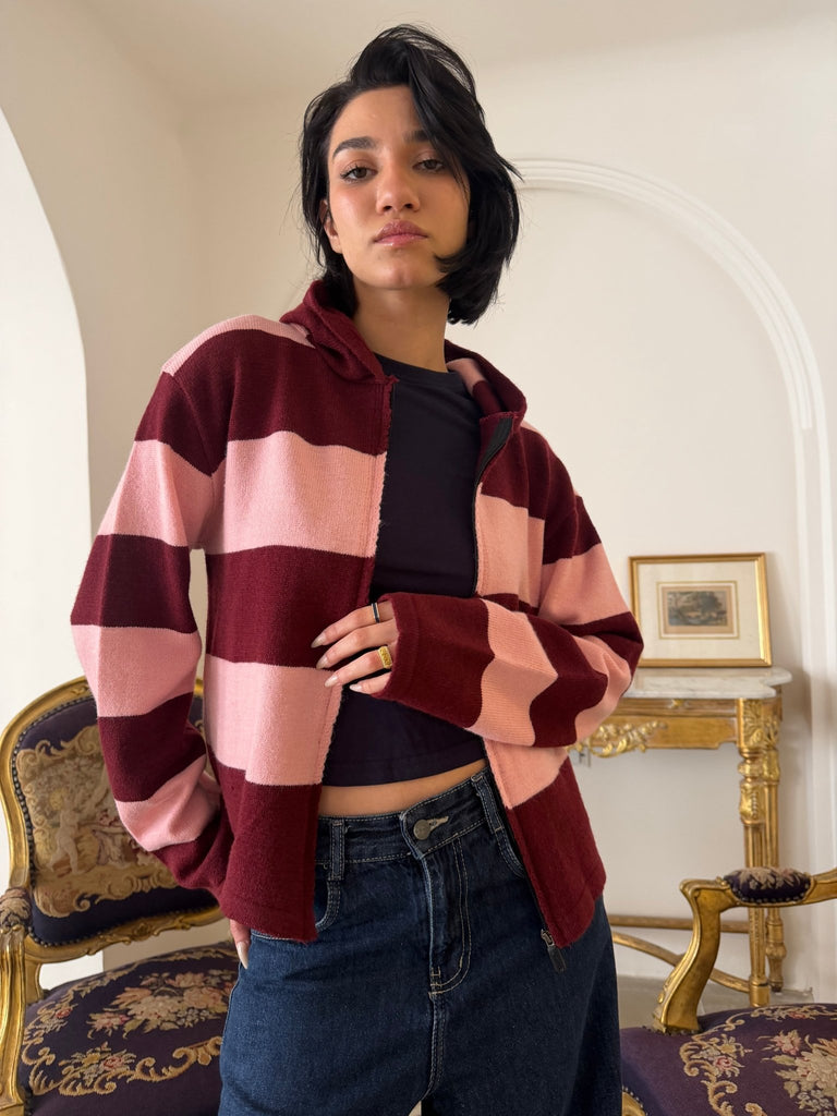 RoseXBurgundy Striped Hoddie Sweater - Mii