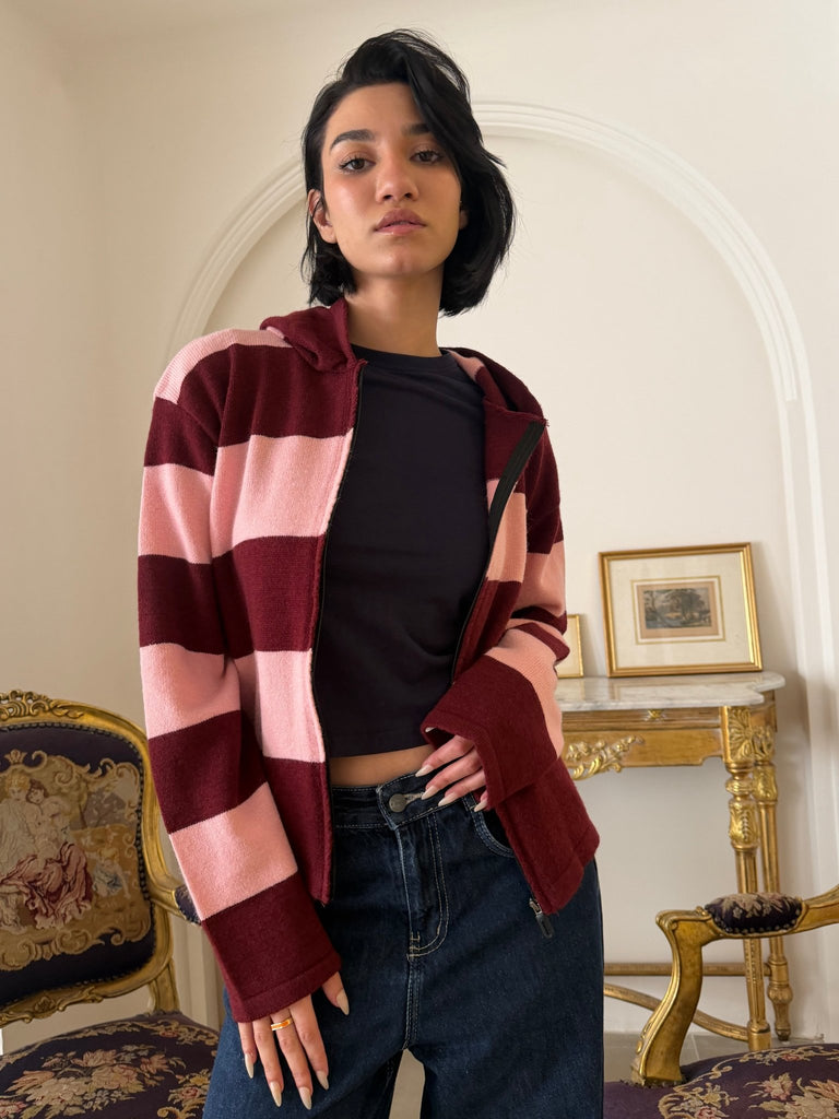 RoseXBurgundy Striped Hoddie Sweater - Mii