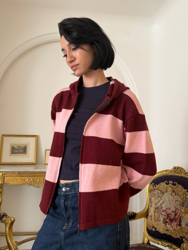 RoseXBurgundy Striped Hoddie Sweater - Mii