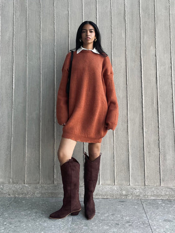 Rust Frenchy Ripped Knit Sweater Dress - Mii