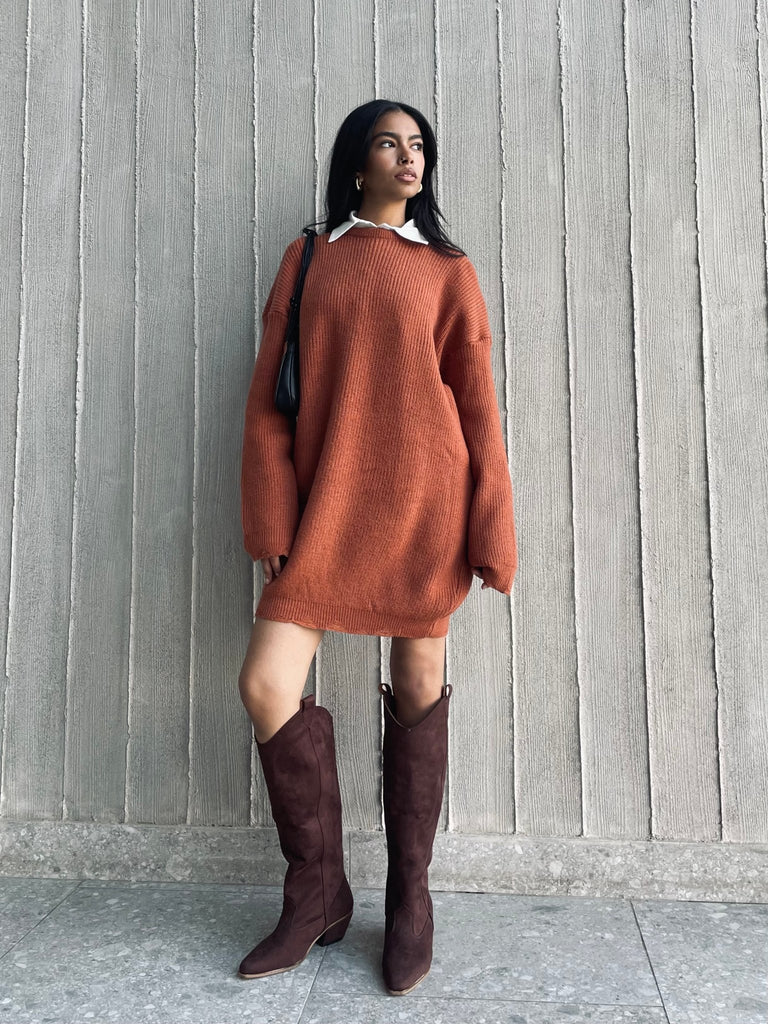 Rust Frenchy Ripped Knit Sweater Dress - Mii