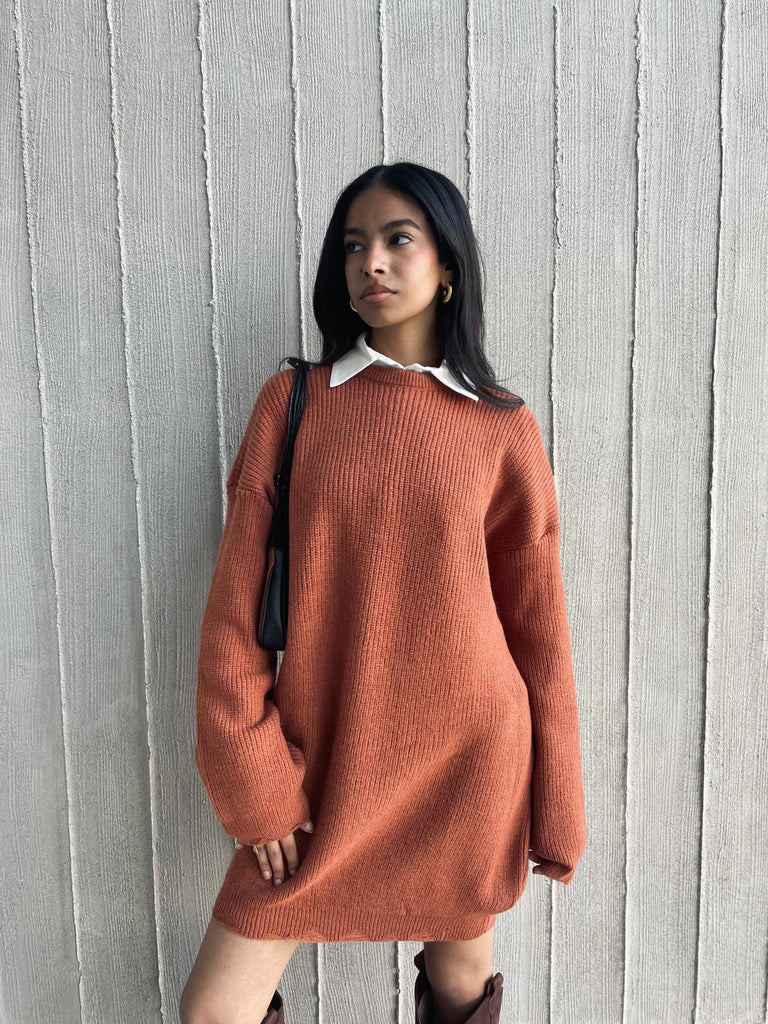 Rust Frenchy Ripped Knit Sweater Dress - Mii