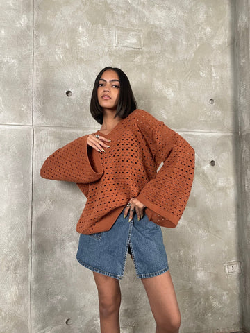 Rust Hollow Soft Knit Pullover - Mii