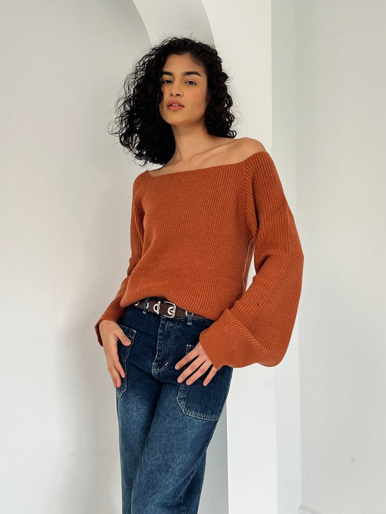 Rust Soft Knit Pumped Pullover - Mii