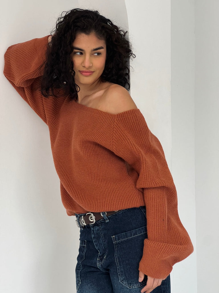 Rust Soft Knit Pumped Pullover - Mii