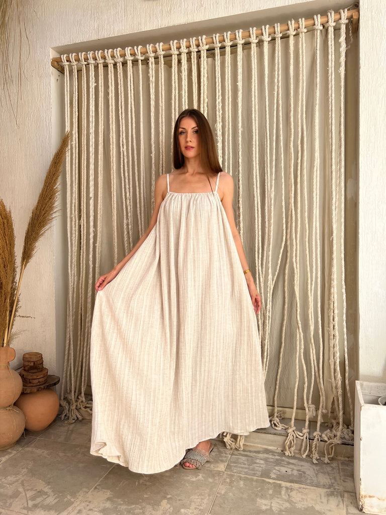 Soft Beige Long Linen Beach Dress - Mii