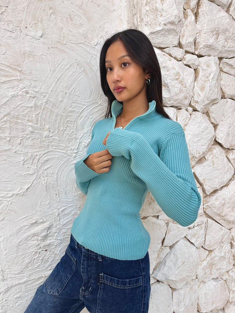 Turquoise Basic Zip Pullover - Mii