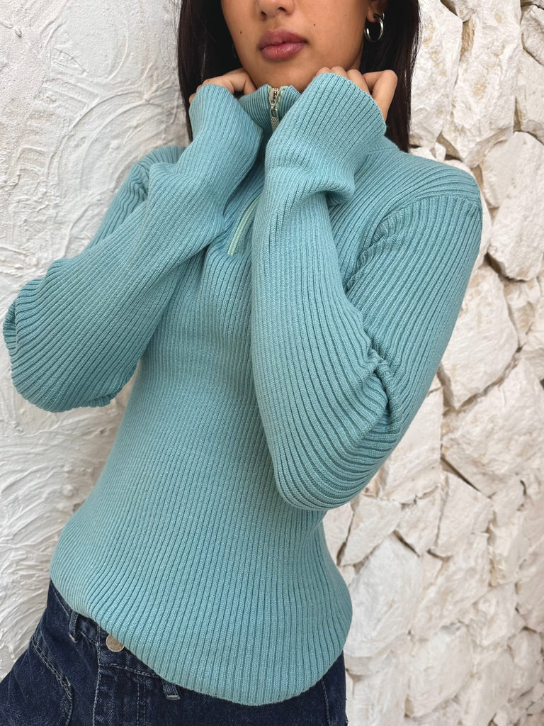 Turquoise Basic Zip Pullover - Mii