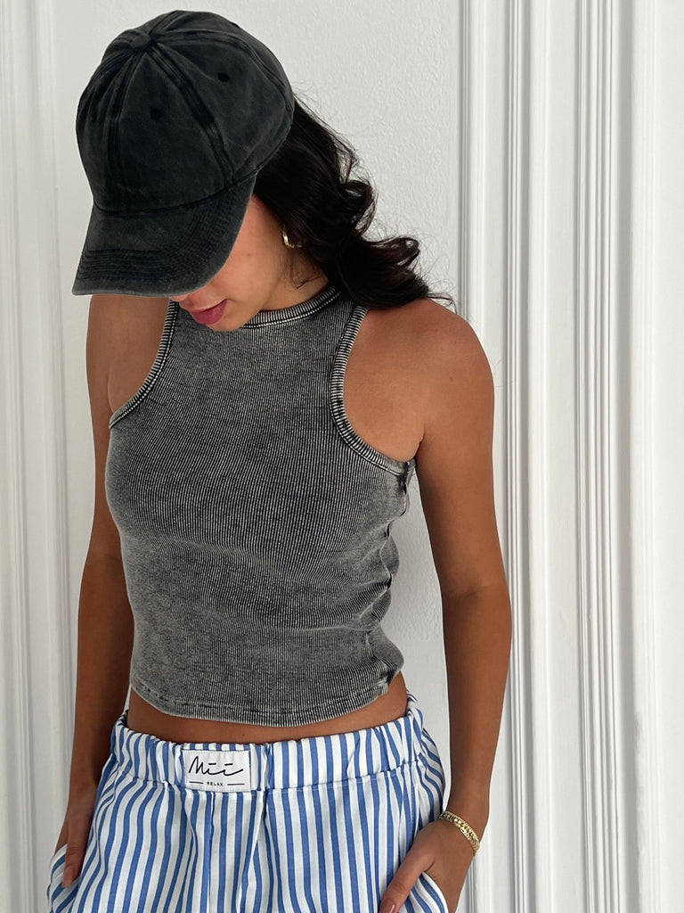 Washed Grey Racer Ribbed Top - Mii