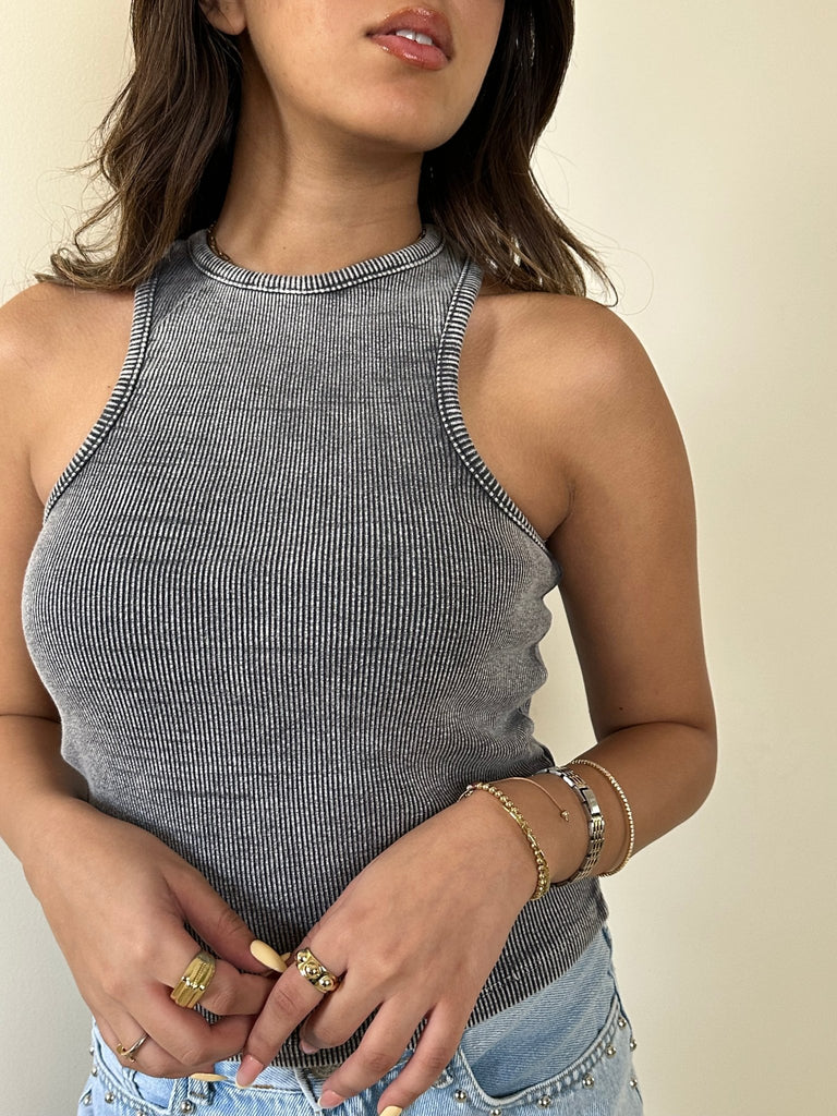 Washed Grey Racer Ribbed Top - Mii