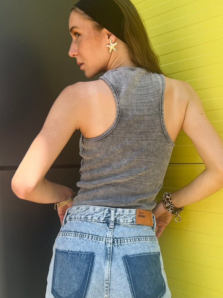 Washed Grey Racer Ribbed Top - Mii