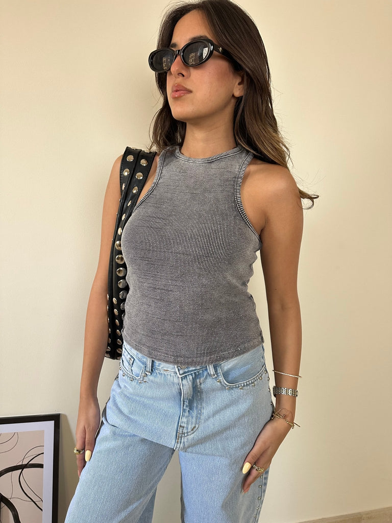 Washed Grey Racer Ribbed Top - Mii