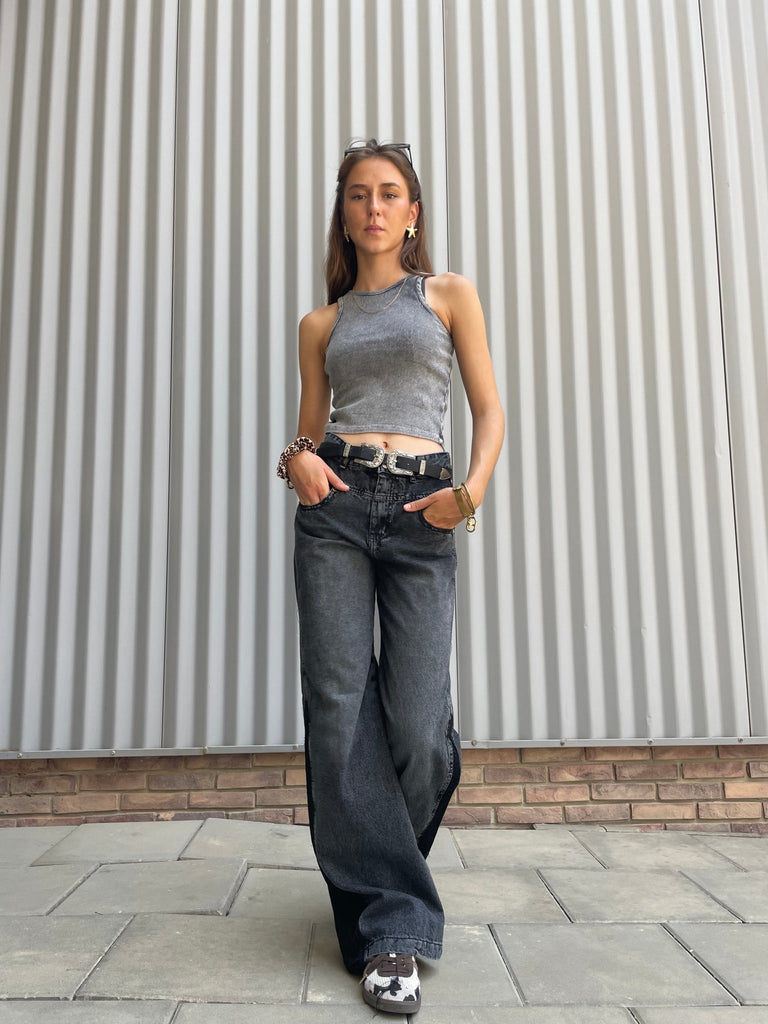 Washed Grey Round Neck Ribbed Top - Mii